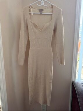 H&M Cream Ribbed Long Sleeve Midi Bodycon Dress
